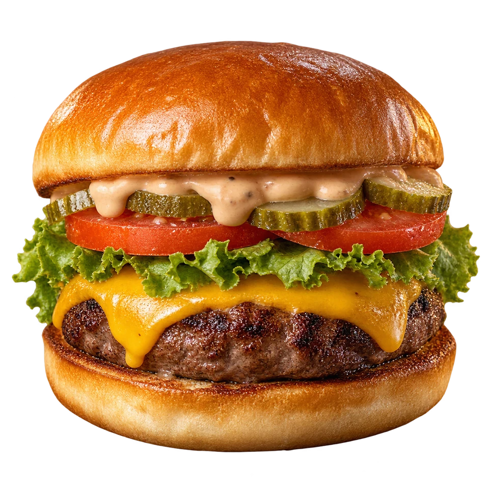 La clásica con carne, cheddar, tomate, lechuga y pepinillos