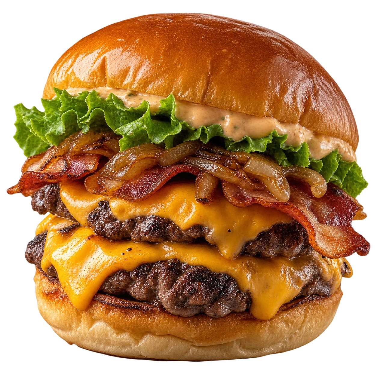 Hamburguesa de doble carne con cheddar fundido, tocineta y pan brioche